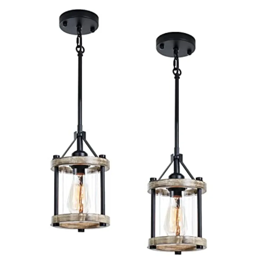 

Farmhouse Pendant Light Rustic White Wood Metal Cage Hanging Light Fixtures with Glass 43 Inch Adjustable for Flat and Slop Cei