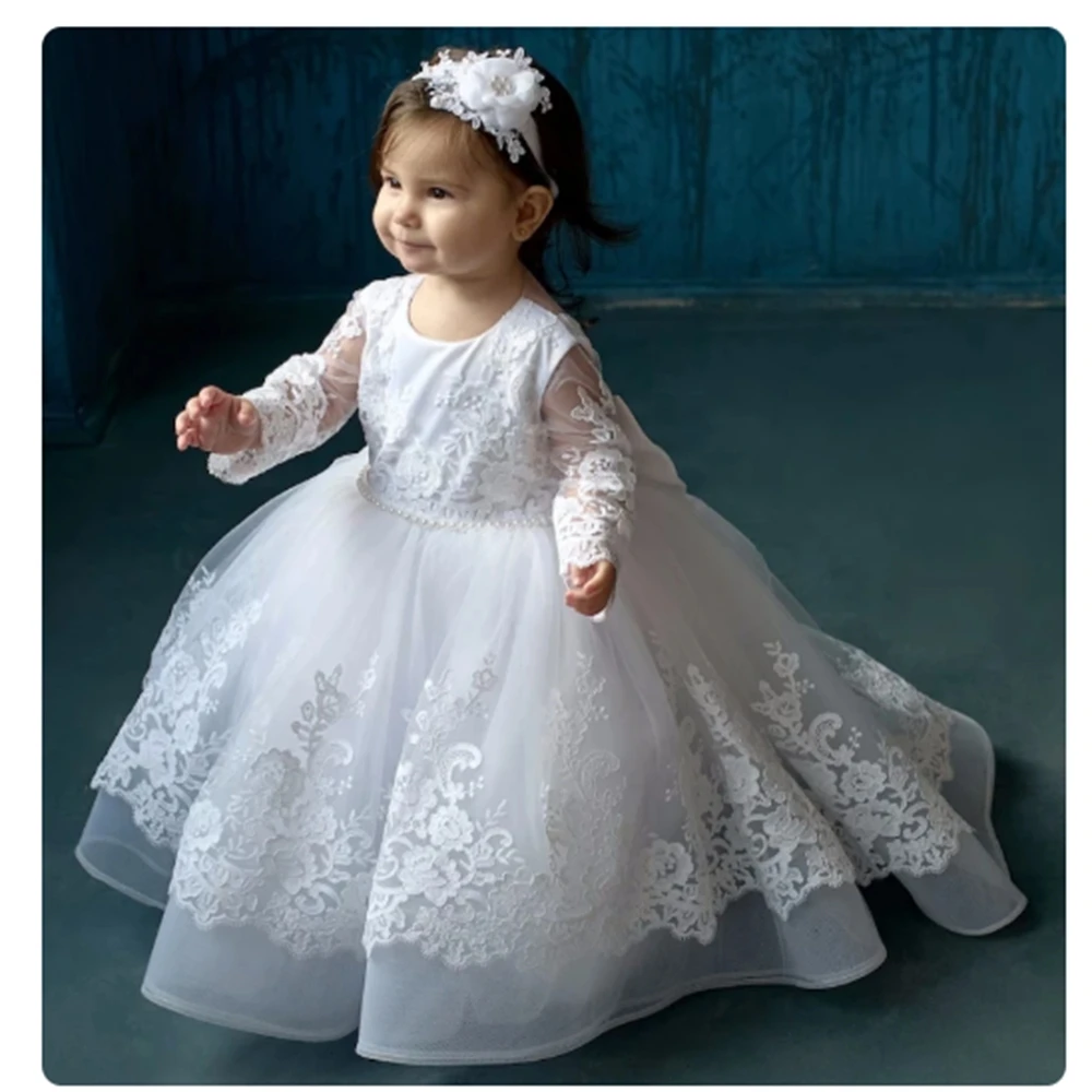 Baby Mädchen weiße Blume Mädchen Kleid für Hochzeit Tüll flauschige Perlen Spitze Applikation Kind erste eucharis tische Geburtstags feier Kleider