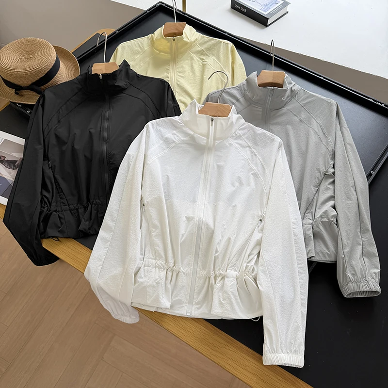 High-Power Sun Protection Casual Outdoor Women's Jacket Stand Collar Zipper Closure Long Sleeve Loose Fit Summer Fashion
