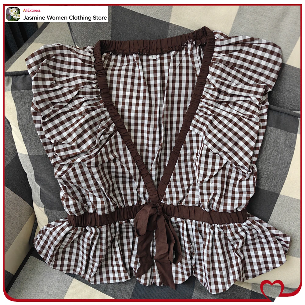 Elegant Chic Gingham Balloon Tie Tops for Women Summer V-neck Tops with Sleeveless Design Featuring Elastic and Puffed Finishes