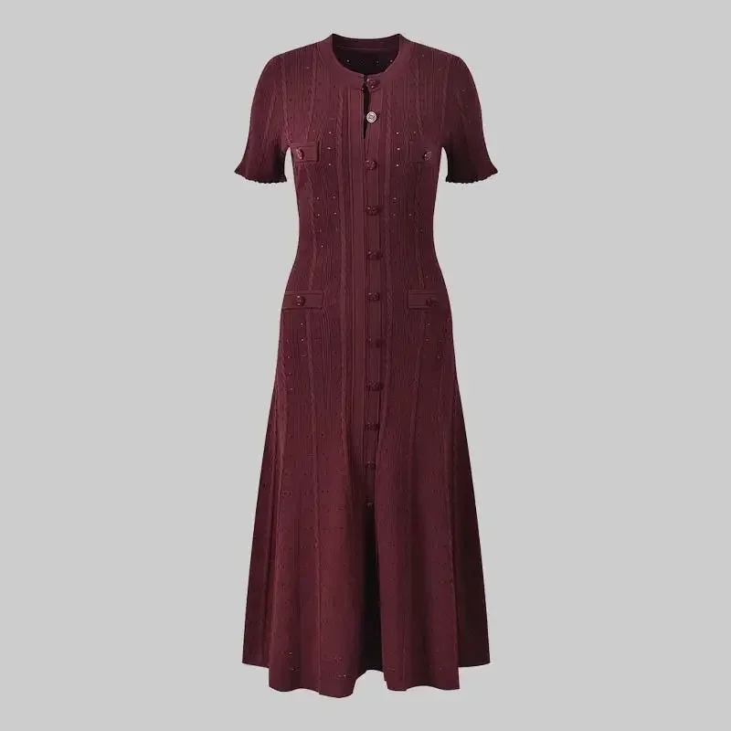 Summer Wine Red Short Sleeve Single Breasted Round Neck Long Dress Women's French Black Beige Elegant Hollow Out Slim Knit Dress