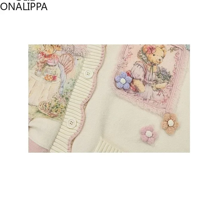 Onalippa Cartoon Printing Oversized Cardigan Contrast Gentle Wind Sweet Knitted Pink Cardigan V Neck Tassel Sweater Women