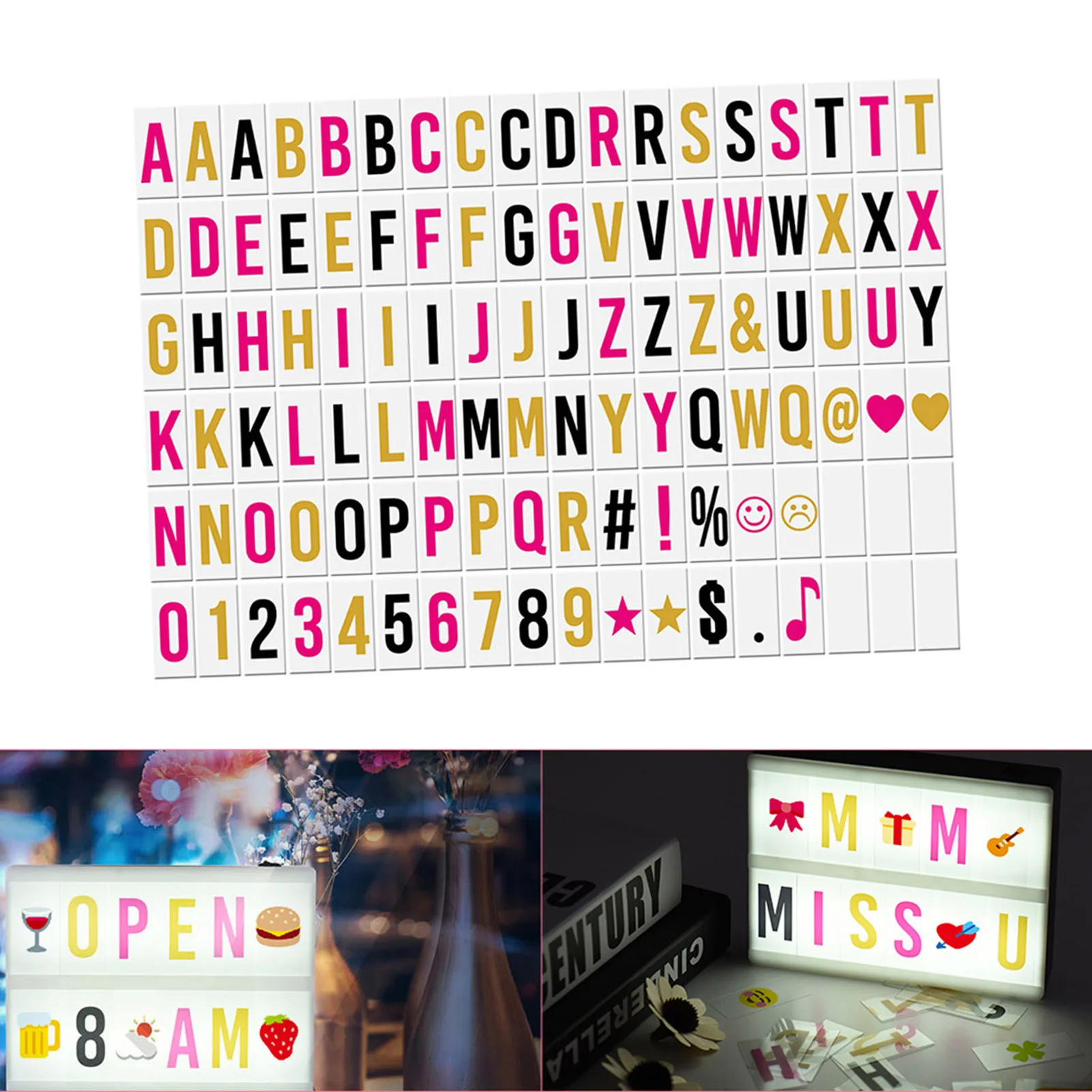 102pcs Colorful Interchangeable Letters Numbers Symbols Characters Cards Free Combination for DIY LED Cinema Light Box Message