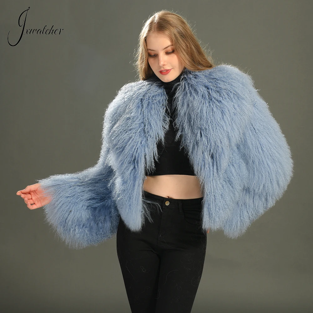 Jxwatcher-Casaco de pele mongol para mulheres, colarinho grande, casaco de pele real curto para senhoras, jaqueta fofa quente, moda feminina outono, inverno