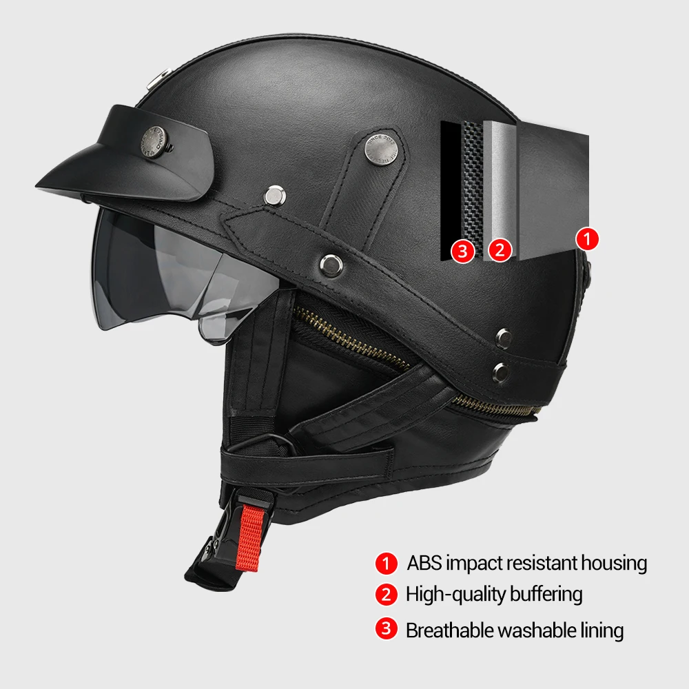 Zwarte motorfiets halve helm Duits lederen vintage helm Casco Moto motorfiets open helm Biker DOT-certificering