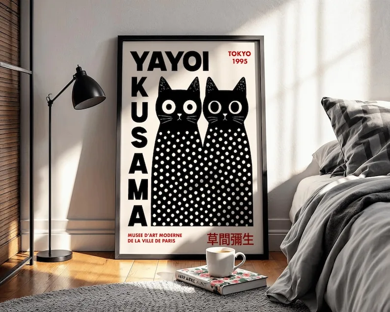 2 Stück/Set Yayoi Kusama Cats Leinwandposter, rahmenloser moderner Pop-Art-Druck, schwarze Katzen-Kunstwerke für Wohnzimmer- und Schlafzimmerdekoration – Detail 2