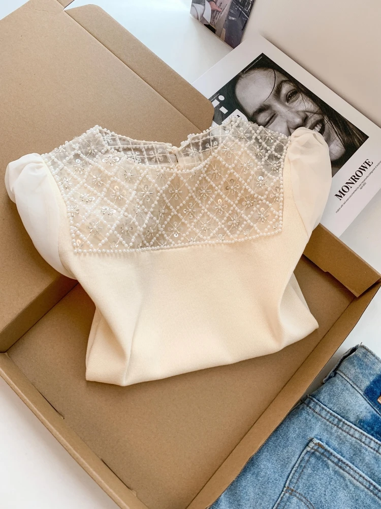 

Summer New Style Pearl Net Splice Bubble Sleeve Knitted Top Women's Self-kept Version Korean Style Straight Cut Short Sleeve