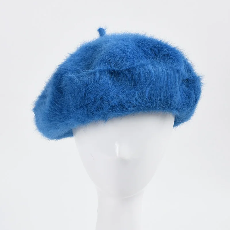 

Flowing Imitation Rabbit Fur Hat Fashion New Bright Blue Knitted Beret Winter Woman Man Casual Clothing Accessories