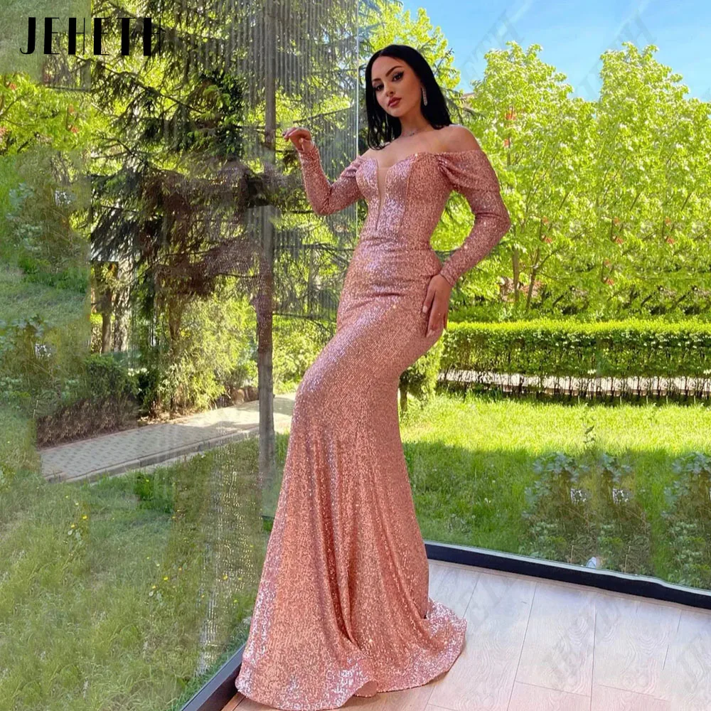 JEHETH Modern Sequin Evening Dresses Off Shoulder Prom Gowns Mermaid Long Sleeves Sweetheart Exquisite vestidos de noche