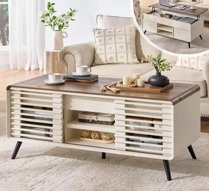 

Lift Top Coffee Table Sliding Slatted Door, 48" Mid Century Modern Wood Center Table Hidden Storage Compartment & Adjustable She