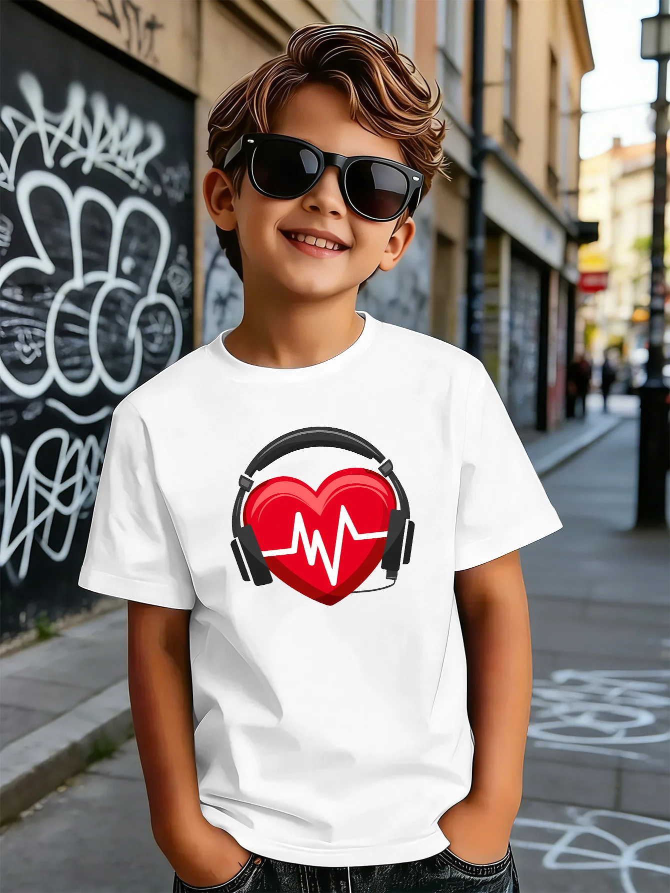 Heart Headphone ECG Pattern Print Kids T Shirt Boys Girls Parent Child Matching Soft Cotton Casual Short Sleeve Basic Daily Tees