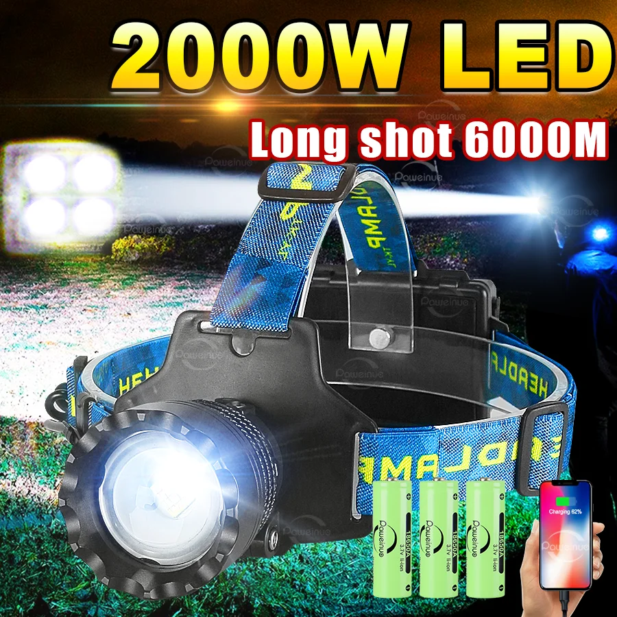 

супер яркая светодиодная фара 2000W Высокая мощность длинный диапазон 6000M голова фонарь 18650 аккумуляторный фар Накрытый фонарь головы работы Глава светодиодный свет Кемпинг Рыбалка Пешеходные походы Глава Факел