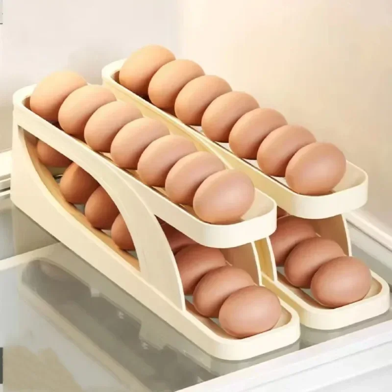 

Slide Style Egg Box Side Door of Refrigerator Double Layer Automatic Egg Rolling Kitchen Storage Anti Drop Helps Keep Fresh