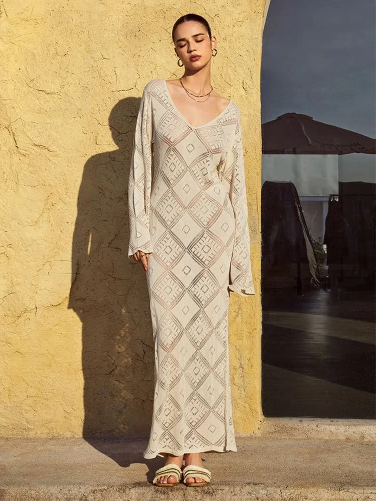 

2025 Sexy Knitted V-Neck Solid Crochet Plaid Flared Sleeve Cut Out Long Dress Cozy Women Beach Vacation Swimsuit Cover Up A2680