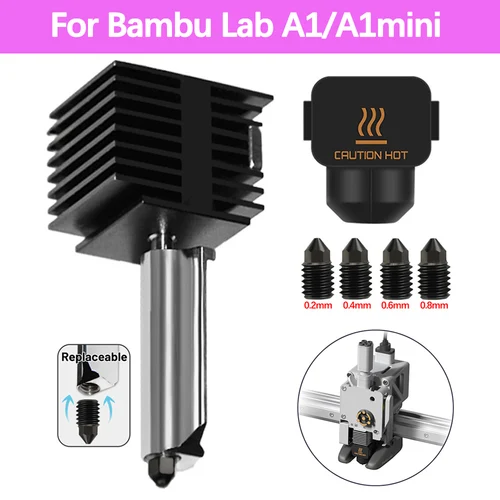 Para Bambu Lab A1/A1 Mini Hotend Kit cabezal de impresión de velocidad rápida montaje termistor calentador 0,2/0,4/0,6/0,8mm boquilla de acero endurecido