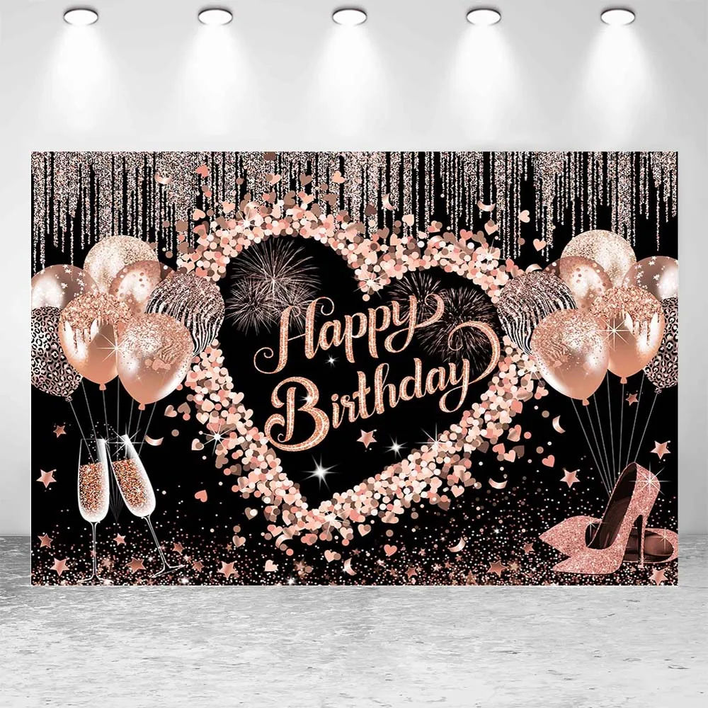 Mocsicka Rose Gold Lady's Birthday Background Glitter Balloon Tassel High Heel Women Birthday Party Decor Backdrop Custom Banner