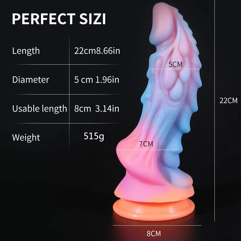 Dildo luminoso brilhante para adulto, Pênis animal macio, enorme vibrador monstro dragão, plug anal anal anal, vibrador colorido, brinquedos sexuais