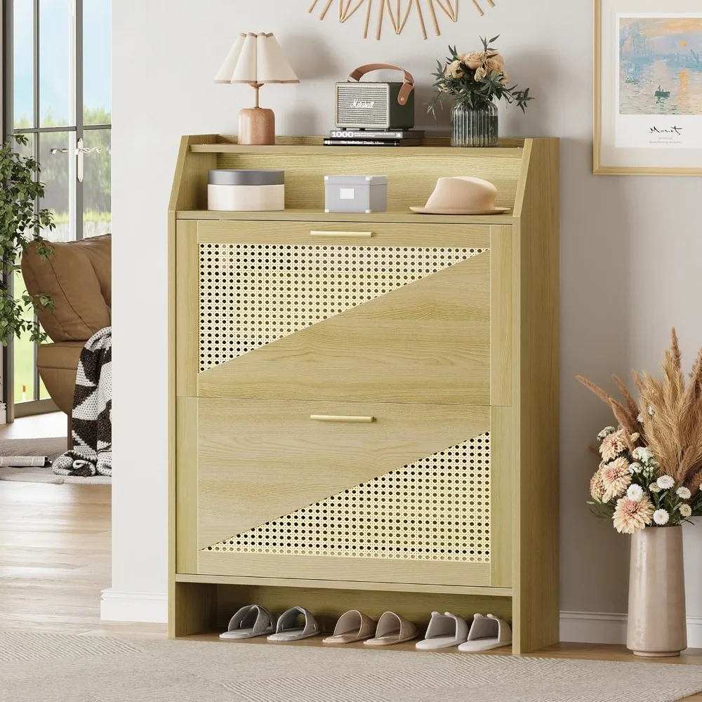 

Rattan Shoe Storage Cabinet with 2 Flip Drawers, Wooden Shoes Cabinets with Adjustable Shelf, Narrow Shoe Rack Organizer Cabinet