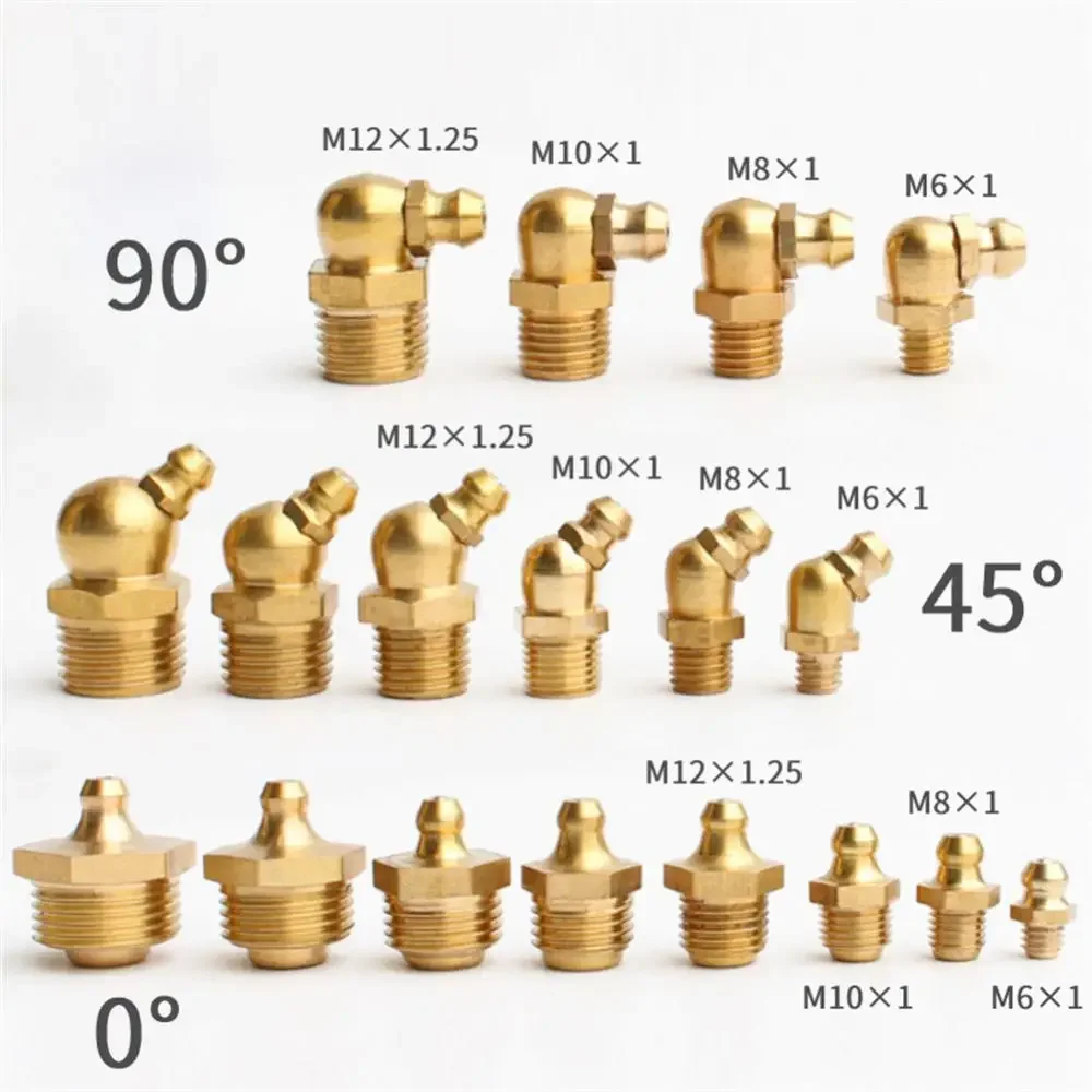 Brass Grease Nozzle, Straight 45 Degree Angle, 90 Degree Angle, Nipple Fittings Kit, Zinc Plated Iron, M6, M8, M10, 10Pcs