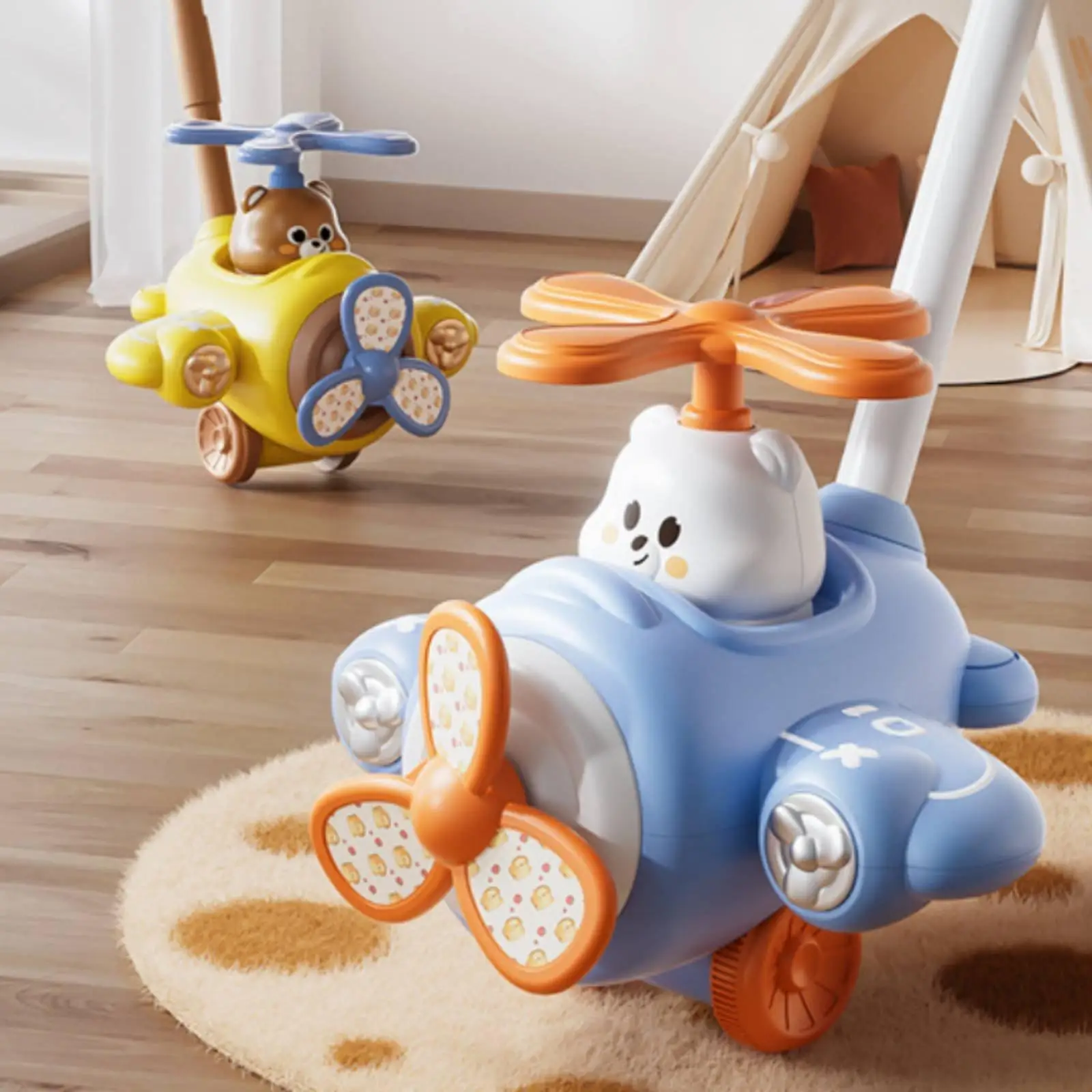 Airplane Push Stroller Rotating Propeller Toddler Push Along Toy Jingle Sounds