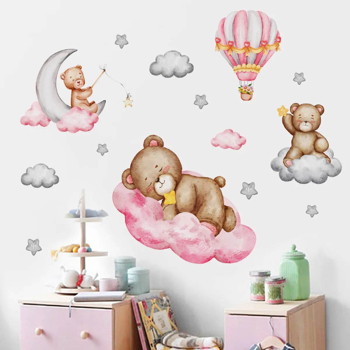 

30*90cm Cartoon Animal Bear Hot Air Balloon Wall Sticker Children's Room Living Room Bedroom Study Decorative Mural Wall Sticker