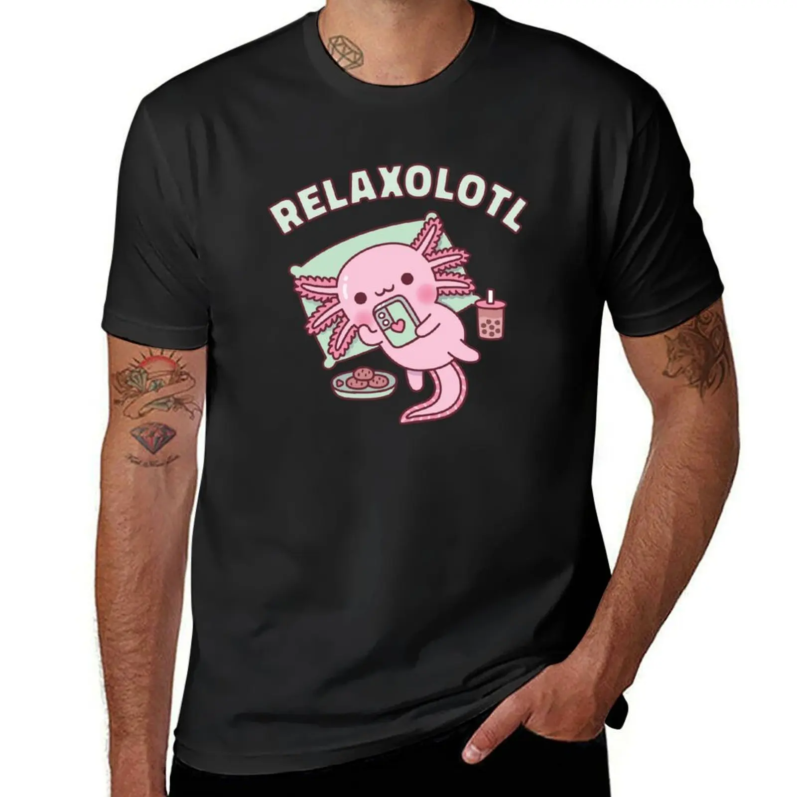 Cute Axolotl Chilling With Handphone Relaxolotl Funny T-Shirt blanks vintage clothes mens vintage t shirts