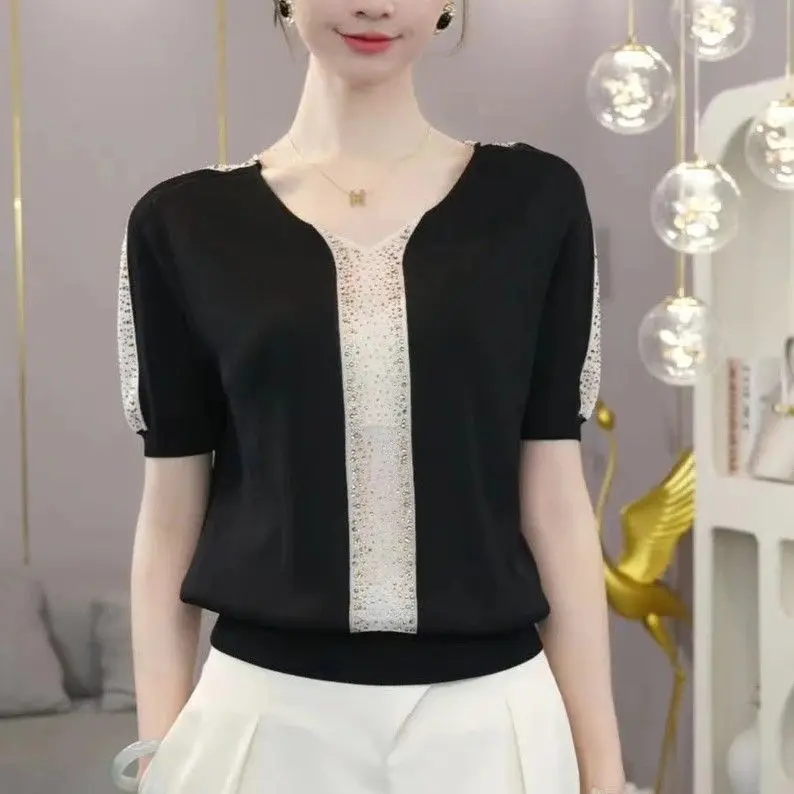 

New Summer Style Trendy Ice Silk Sweater Thin Beautiful Mother's Short-sleeved Beaded Loose Top