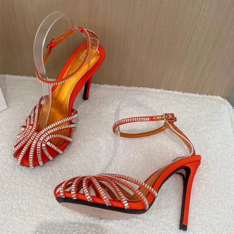 

Сандалии с кристаллами и носком, пикантные сандалии с круглым носком на тонком каблуке, с пряжкой и ремешком, новые поступления, модная женская современная обувь