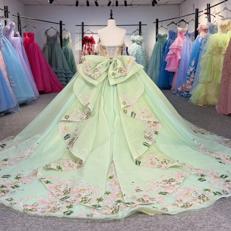 

Light Green Shiny Quinceanera Dresses Off The Shoulder Sequin Applique Lace Beading Crystal Bow Tull Corset Party Birthday Sweet