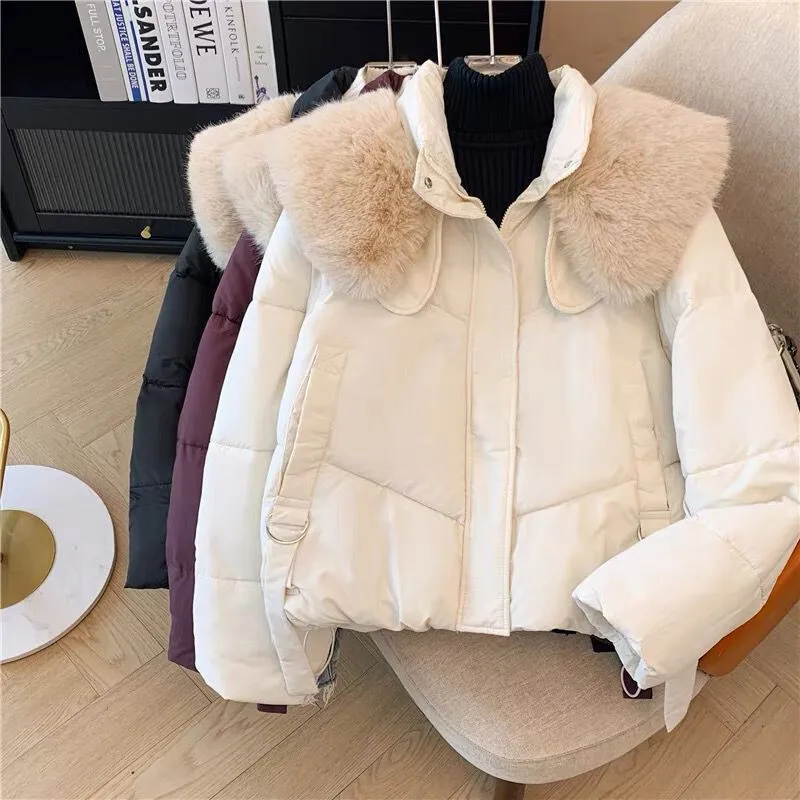 2025 Winter New Down Short Padded Jacket Women Parkas Fur Collar Thick Cotton Coats Clothes Black Brown Casual Outerwear Female