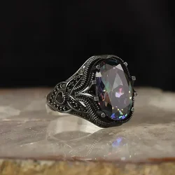 Creative retro black inlaid colorful zircon ring European and American men's business ring