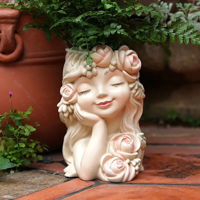 Outdoor Garden Fairy Flowerpot Resin Figurine Statue Decoration Homestay Sculpture Crafts Courtyard Villa Furnishing Accessories