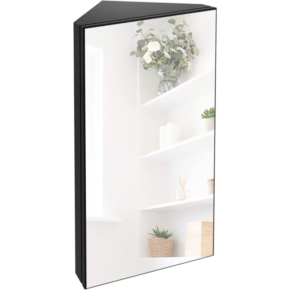 

24" Bathroom Corner Medicine Cabinet W/Mirror, Single Door Bathroom Black Wall Mount Mirror Cabinet, Hanging Triple Shelf Stora