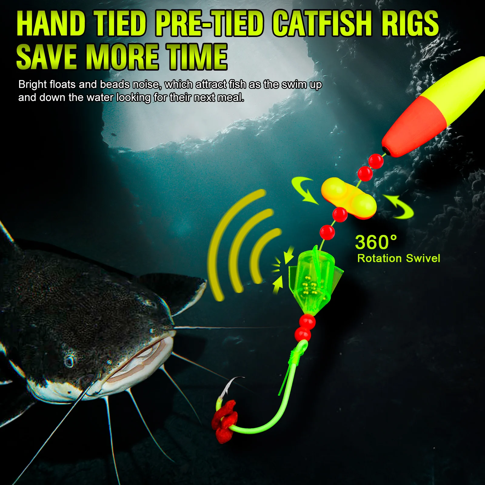 PROBEROS 5 Stück Wels-Schwimmer-Rigs mit Rattler, 6/0–10/0 Haken, geräuschziehende Welsangenausrüstung zum Angeln im Süßwasser – Detail 2