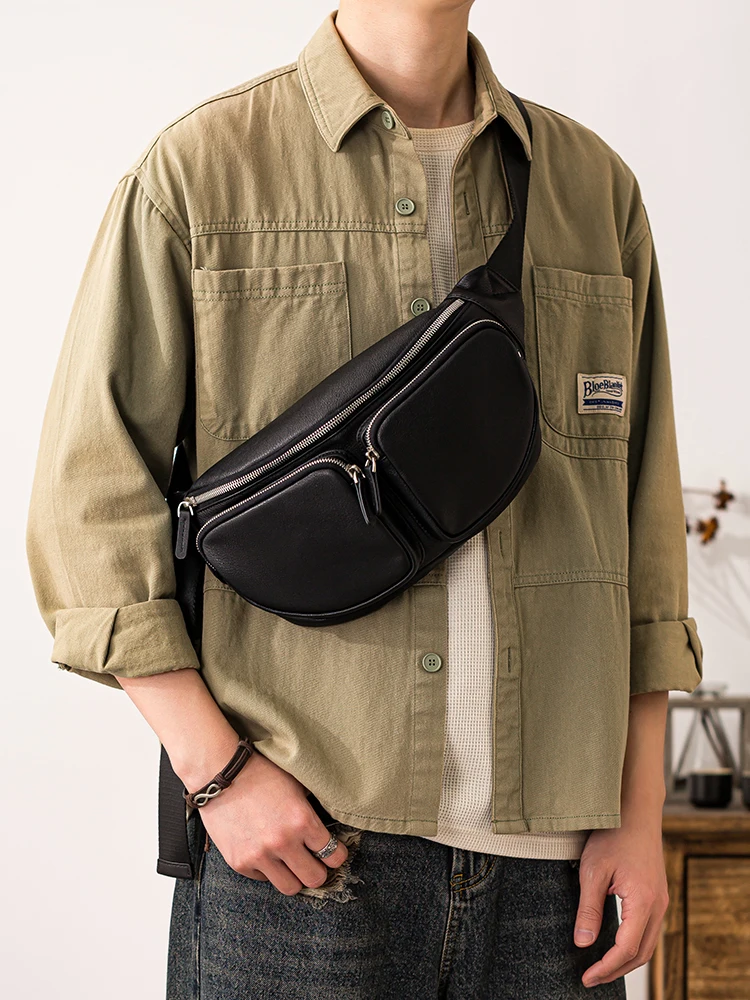 outdoor travel sports luxury first layer cowhide men's black multi-pocket chest bag casual genuine leather riding crossbody bag