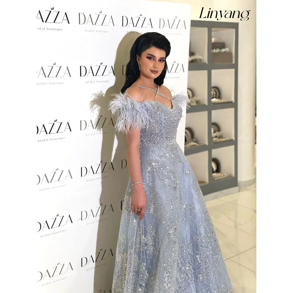 Linyang Baby Blue Off Shoulder Halter Tulle Plume Elegant Formal Evening Prom Bridesmaid Party Long Dress for Women 2023