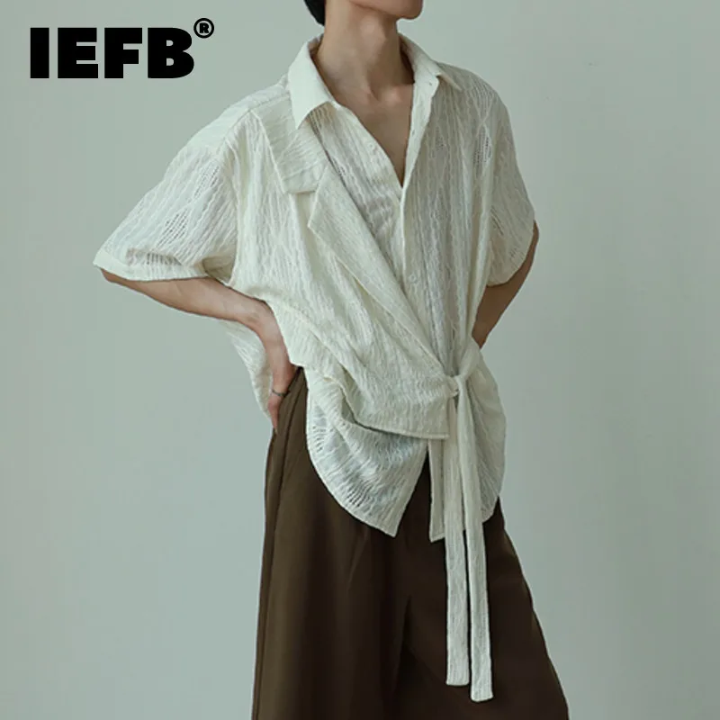 

IEFB Korean Style Men's Shirt Short Sleeve Hollow-out Lace Lace-up Loose Male Top Casual Menwear New Stylish Temperament 9C5968