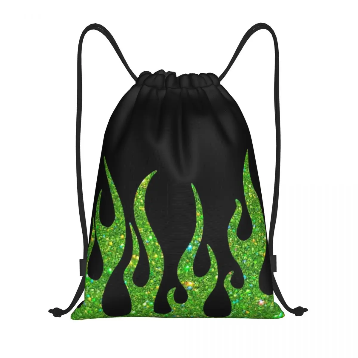 Custom Green Glitter Flames Drawstring Bags for Training Yoga Backpacks Men Women Vintage Fire Aesthetic Sports Gym Sackpack