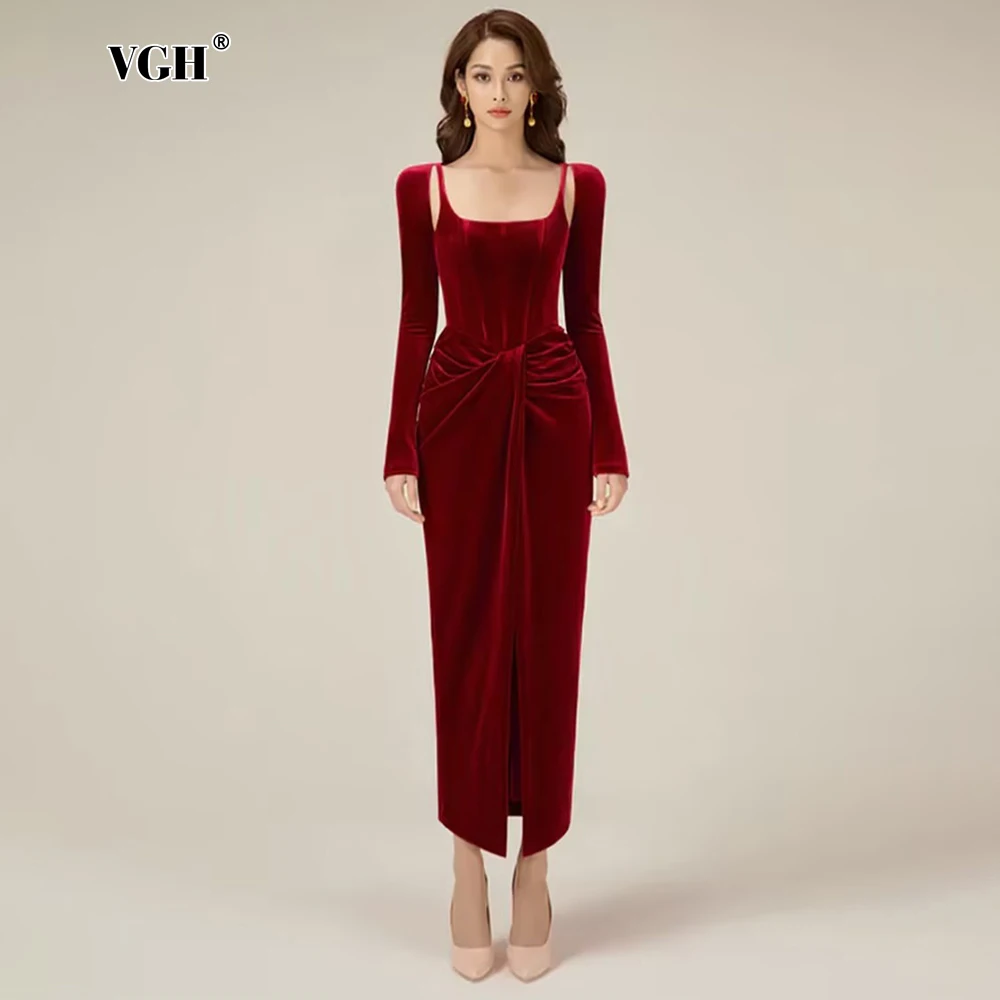 VGH Sexy Solid Patchwork Folds Slimming Dresses For Women Square Collar Long Sleeve High Waist Temperament Dress Female Fashion