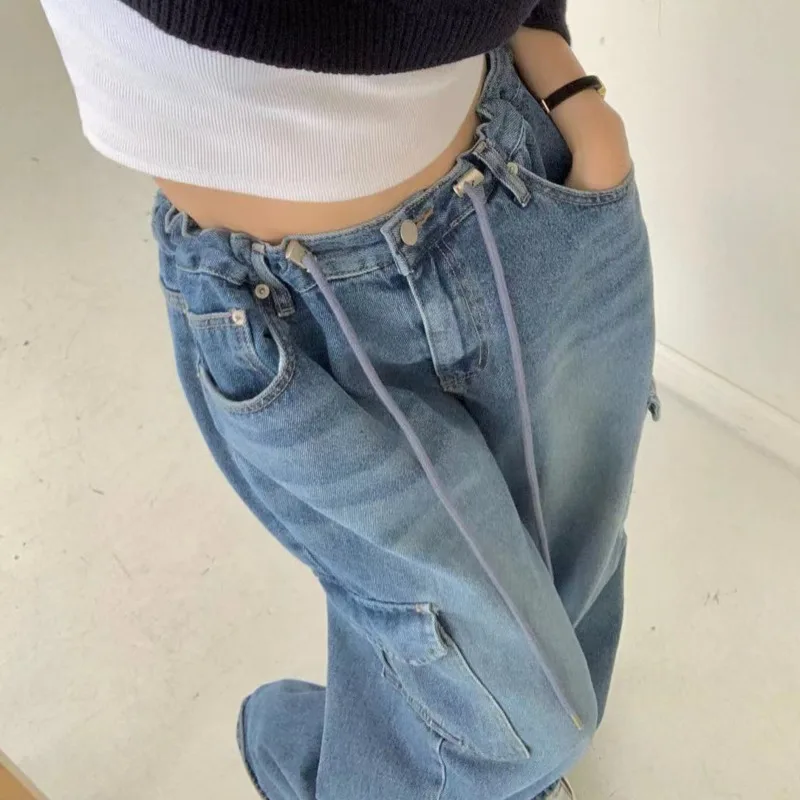 Eeonovni azul denim calças compridas mulheres streetwear cordão design bolsos emendados solto perna larga jeans roupas de moda