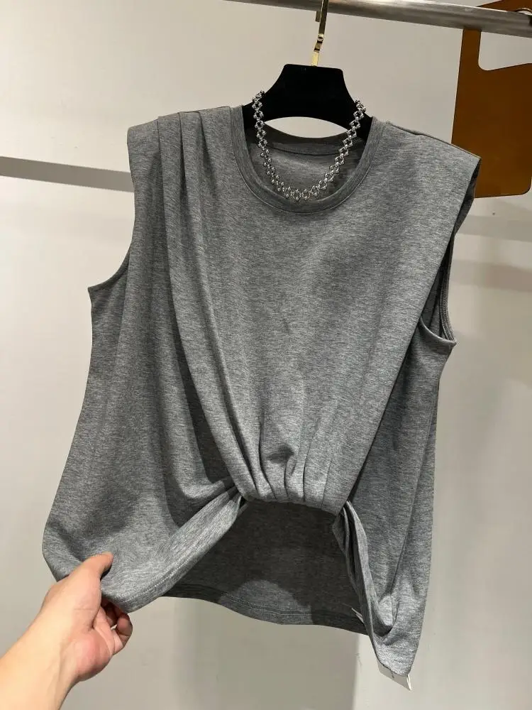 SuperAen Summer 2026 New Europe and America Style O-neck Asymmetrical Pleated Design Padded Shoulder Sleeveless Casual T-shirts