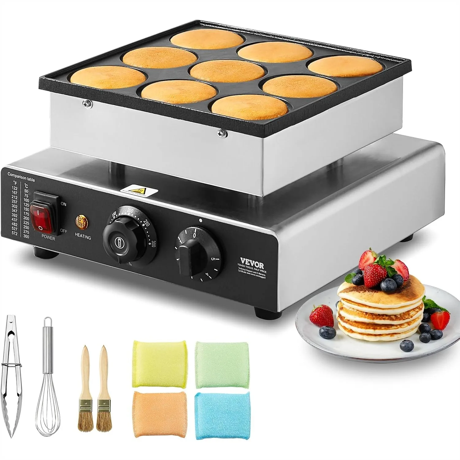 

VEVOR Dutch Pancake Maker, 9 PCS 76mm Dorayaki Baker Machine, 850W Commercial Electric Poffertjes Grill, Non-stick Stainless