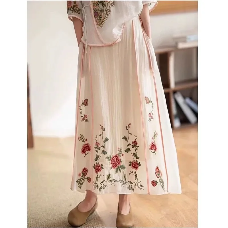 

Женская длинная юбка в китайском стиле с вышивкой пиона и бабочкой, шифоновая повседневная свободная макси-юбка с эластичной резинкой на талии