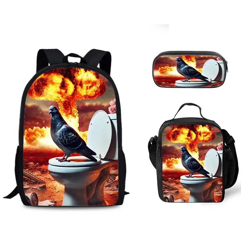 Luxury Popular Funny Novelty Pigeon on Toilet 3D Print 3pcs/Set pupil School Bags Laptop Daypack Backpack Lunch bag Pencil Case