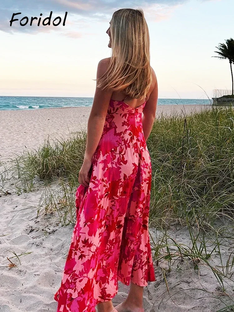 Spaghetti Strap Backless Rayon Women Red Dress Cotton Sleeveless Floral Maxi Dress Hollow Out A-line Long Boho Beach Dress 2024