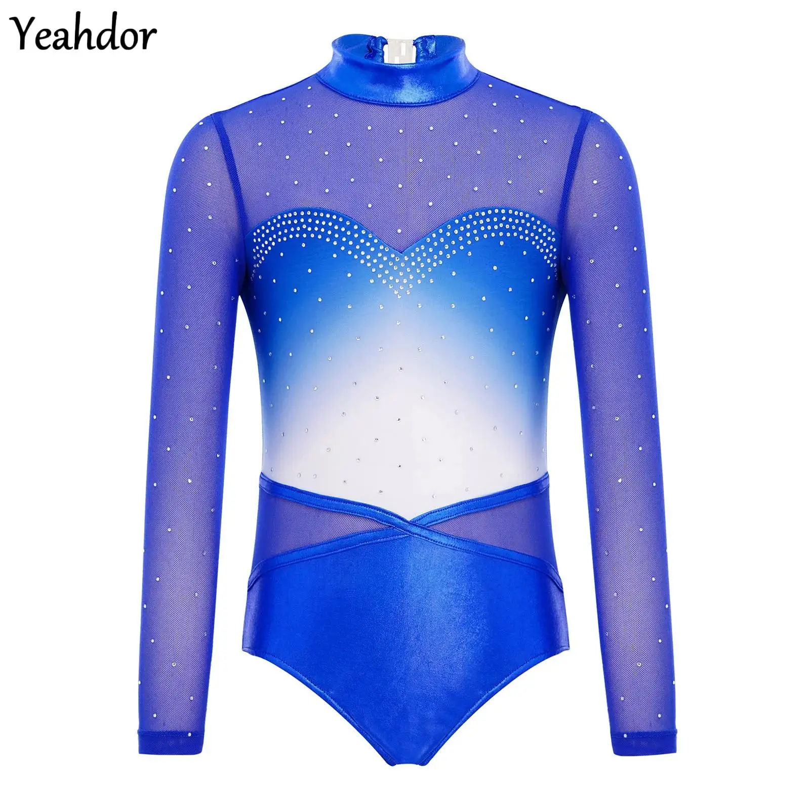 

Детский градиентный балетный купальник для девочек с длинным рукавом, прозрачной сеткой, стразами, для гимнастики и фигурного катания