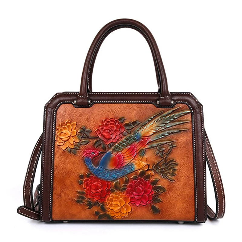 Retro women\'s large capacity handbag, animal and flower prints, brown