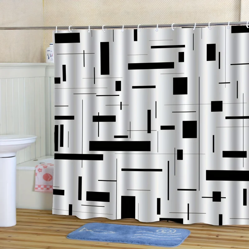 Chic black & white striped square digital print shower curtain-waterproof polyester with hooks, machine washable-ywjhui