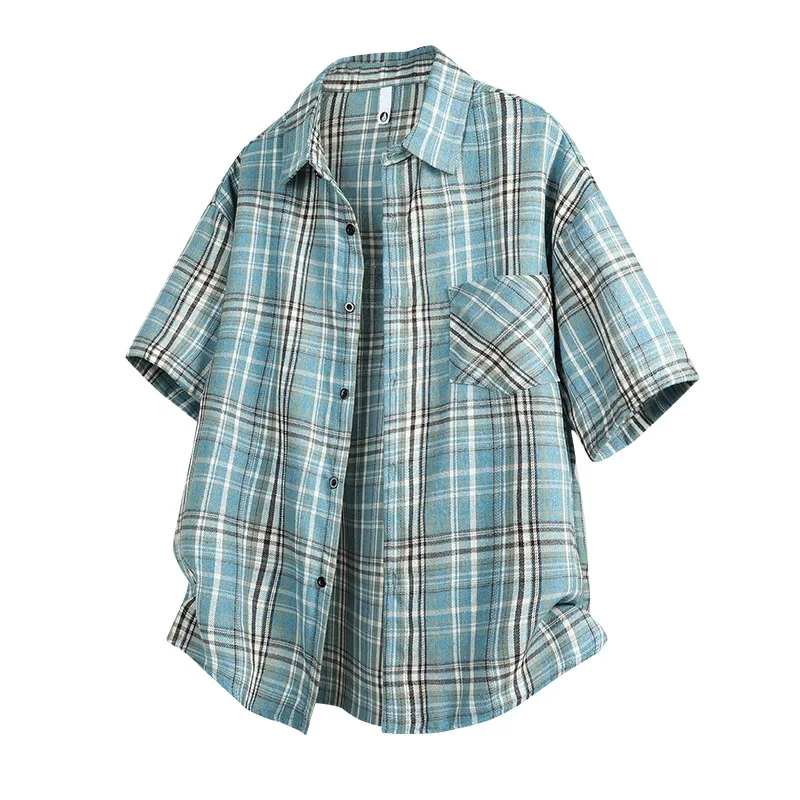

2026 Summer New Short Sleeved Men's Shirt Japanese Korean Fashion Plaid Casual Loose Shirts for Men Tops Coat Streetwear