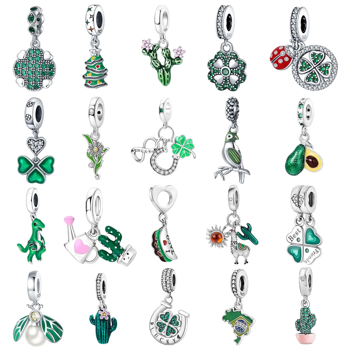 

Original 925 Charms Sterling Silver Green Cactus Clover Christmas Tree Pendant for Pandora DIY Bracelet Ladies Jewelry Gift